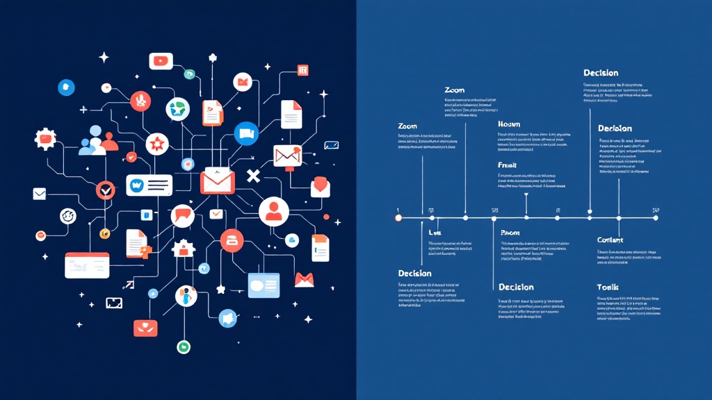 Split-screen infographic comparing chaotic disconnected communication tools on left with organized decision timeline on right