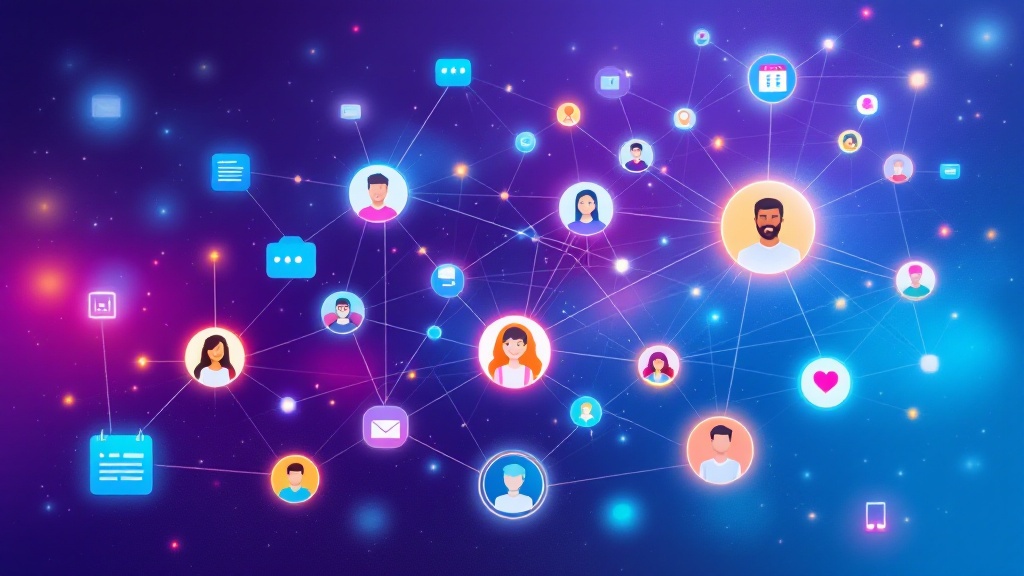 Illustration of an interconnected network linking team members, documents, and communication tools through glowing neural pathways representing organizational intelligence