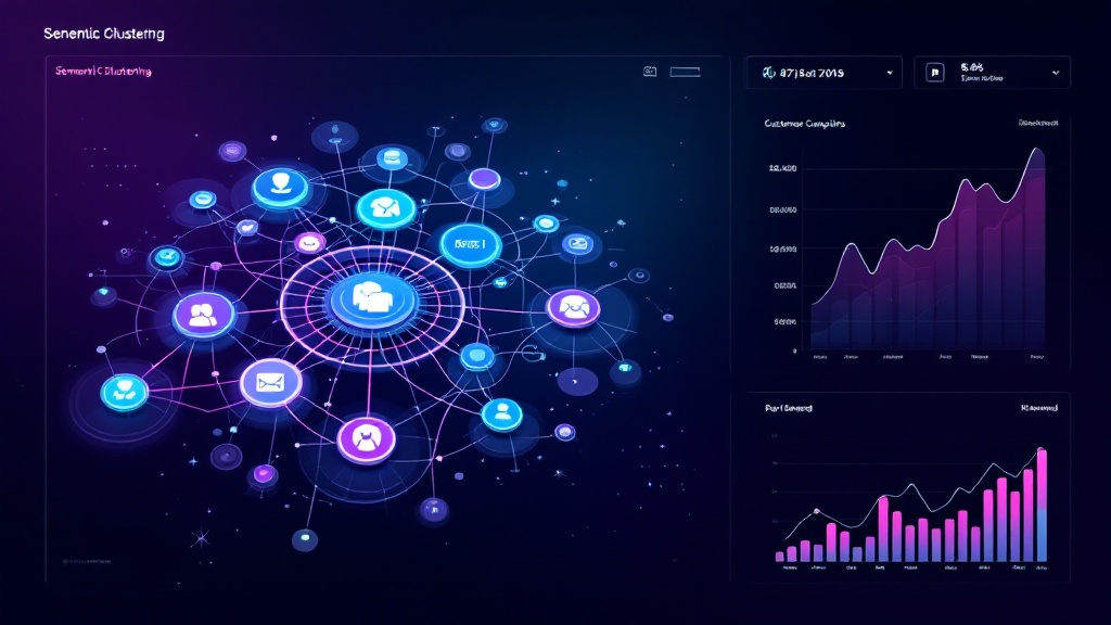 Technology dashboard displaying semantic clustering network connecting related customer needs with upward trending demand graphs