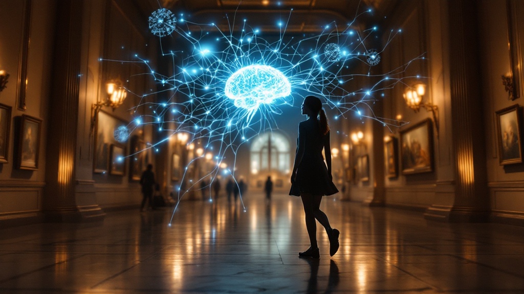Person walking through museum gallery with translucent neural activity overlay showing brain engagement during movement