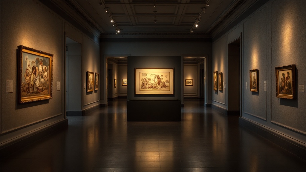 Elegant museum hall with illuminated Leonardo da Vinci artifact display and doorways suggesting connected exhibition spaces