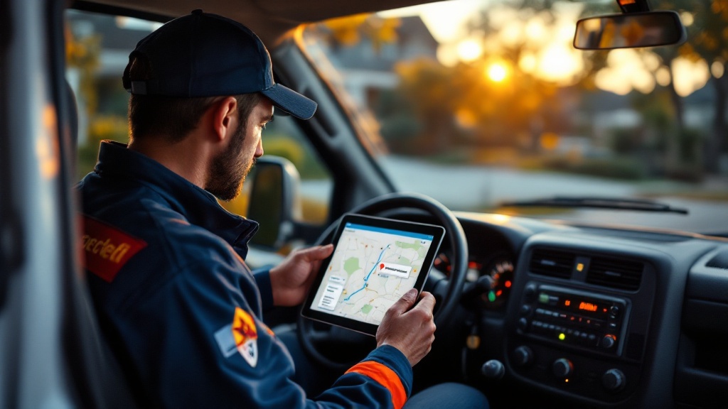Pest control technician in a van viewing a tablet with a canceled appointment and a route map showing gaps between stops.