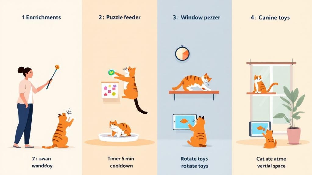 Four-panel image showing wand play, a puzzle feeder, a window perch with climbing shelves, and a cat interacting with a tablet game, with safety tips icons.