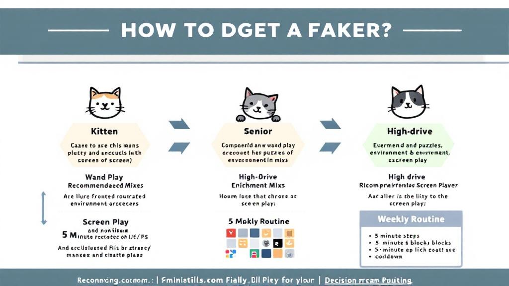 Decision-tree infographic showing enrichment recommendations for kittens, senior cats, and high-drive cats, with a simple routine schedule and cooldown step.