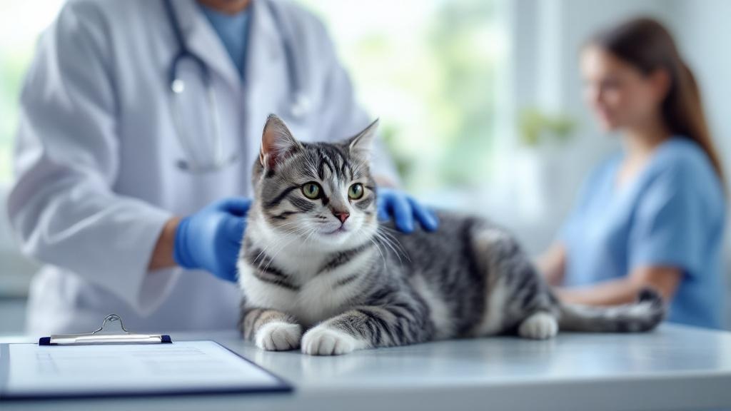 Veterinarian examining a cat on an exam table while the owner observes, suggesting a medical check for behavior changes.