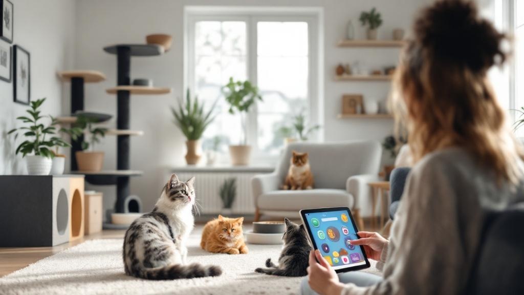 Living room with two cats, a cat tree and wall shelves, multiple stations for resources, and an owner holding a tablet running a cat enrichment game.