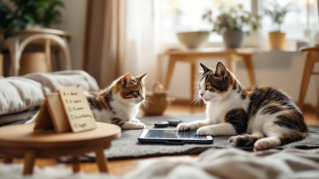 Two cats in a living room with a tablet play setup and a simple checklist showing routine and behavior goals.
