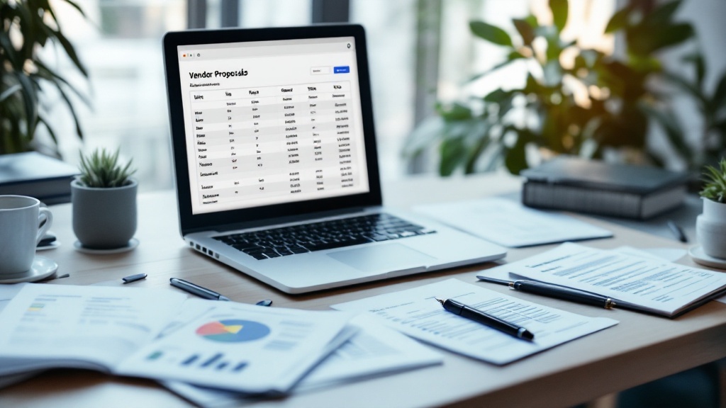 Laptop displaying a side-by-side vendor pricing dashboard with columns for units, tiers, add-ons, and total cost of ownership, surrounded by proposal documents.