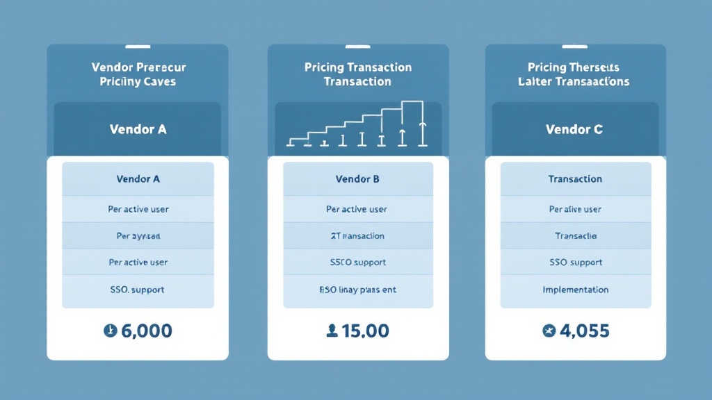 Infographic showing three vendors with different pricing units, tier thresholds, and add-on icons such as SSO, support, and implementation fees.