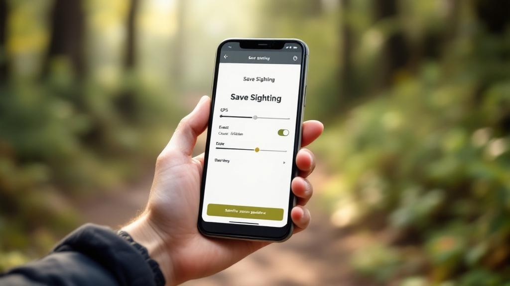 Phone screen showing sighting log settings for GPS precision, delayed sharing, and sensitive species guidance while outdoors.