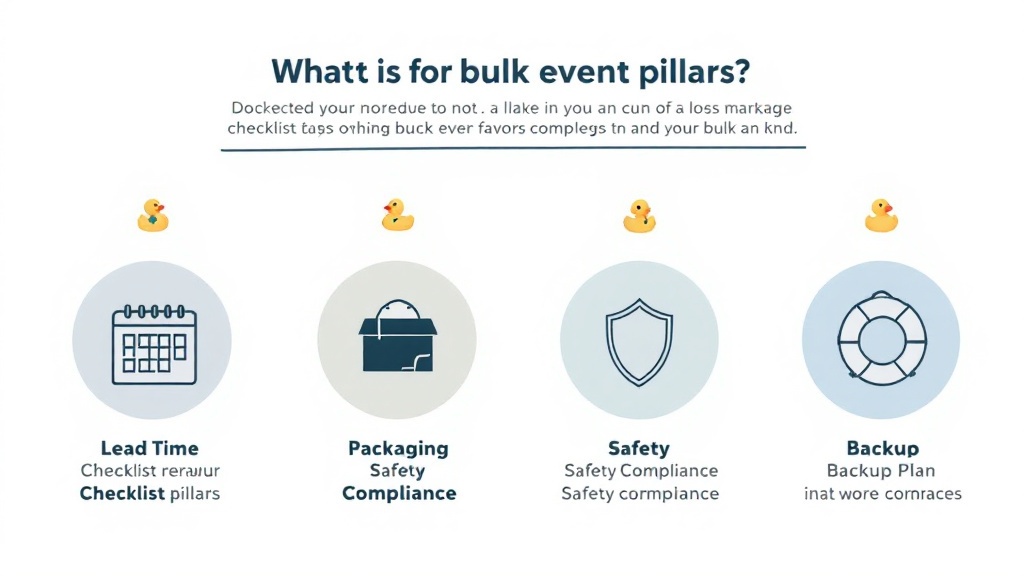 Infographic with four labeled pillars—Lead Time, Packaging, Safety Compliance, and Backup Plan—used to evaluate bulk event favor orders.