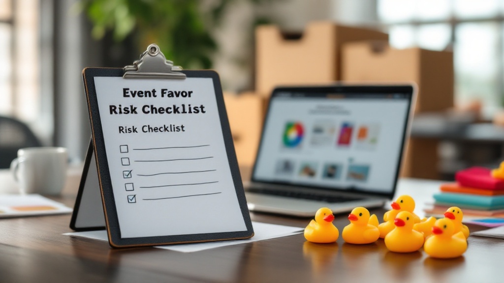 Event planner workspace with a risk checklist, laptop showing a bulk ordering page, and sample themed rubber ducks beside shipping boxes.