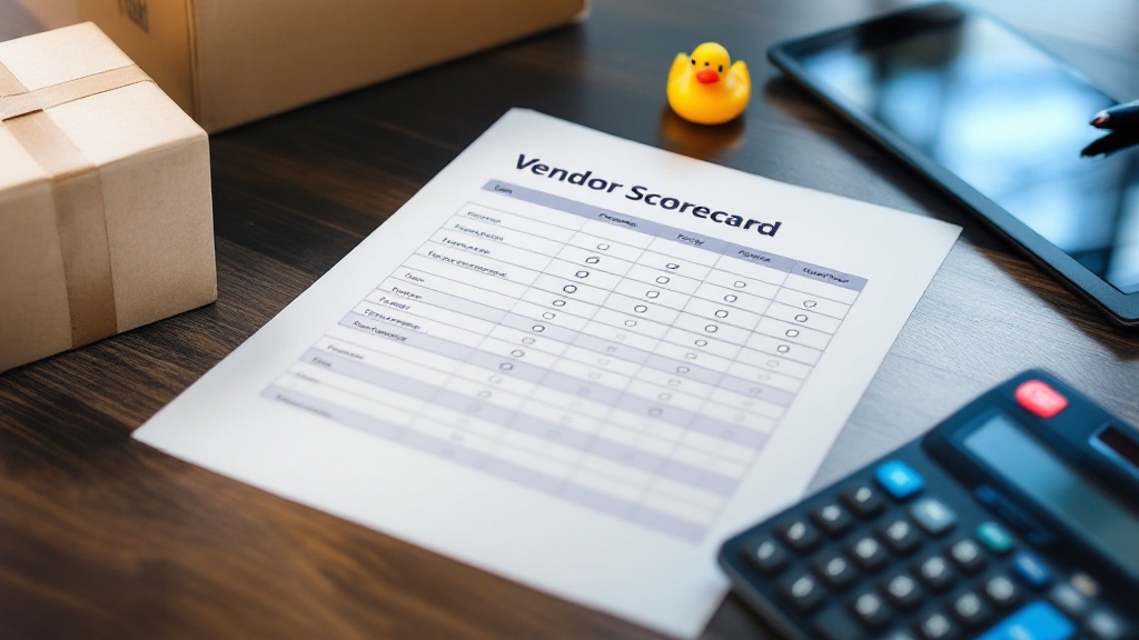 Vendor scorecard with weighted categories and a calculator beside a sealed shipping box, showing an organized approach to evaluating suppliers.