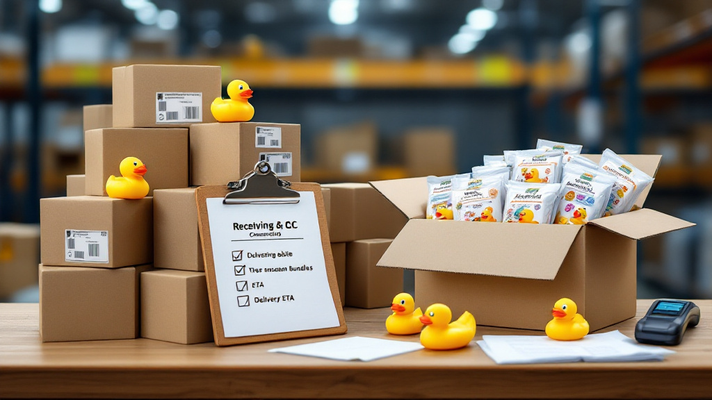 Stacked shipping cartons with tracking labels beside a receiving checklist and opened box showing neatly packed themed rubber duck bundles for event distribution.