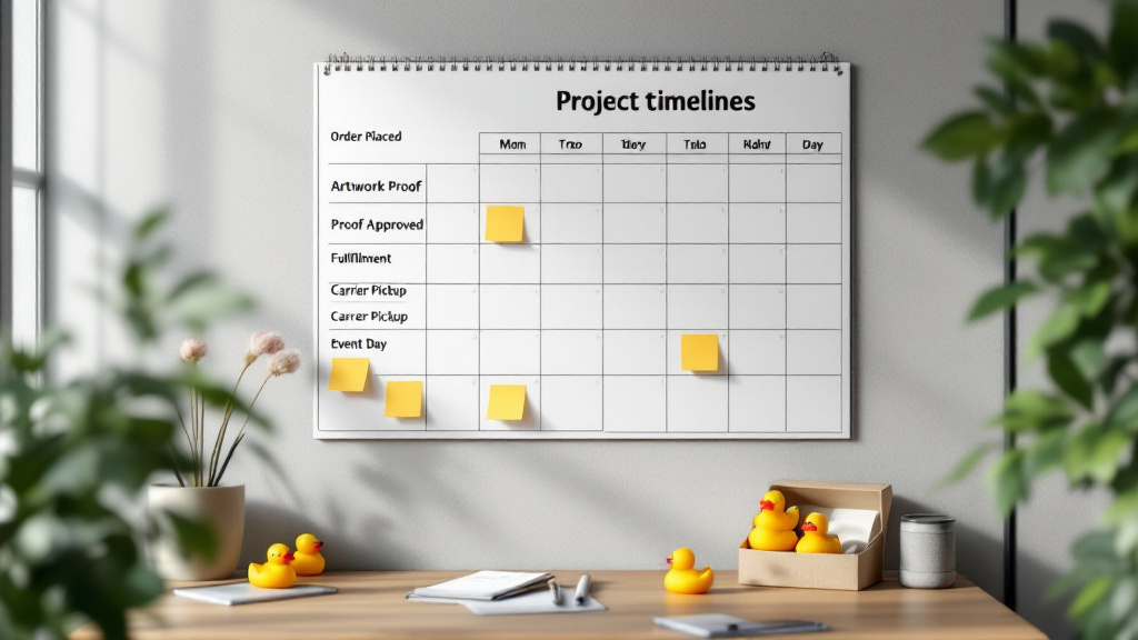 Timeline board showing order, artwork proof, fulfillment, shipping milestones, and event day next to boxed novelty ducks with a custom insert mockup.